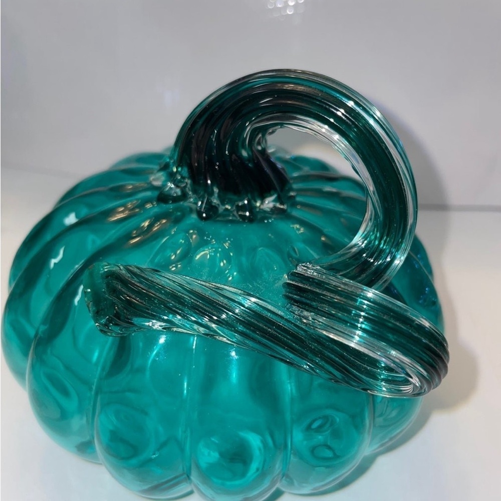 Hand Blown Glass Murano Art Style Teal Pumpkin.
